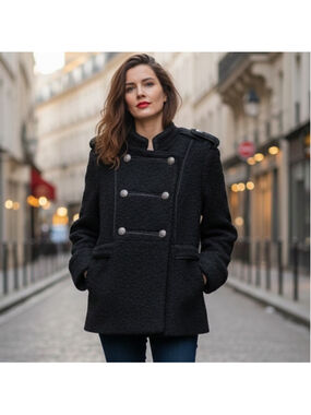 Nizan Black Boucle Wool Napoleon Coat Size XL